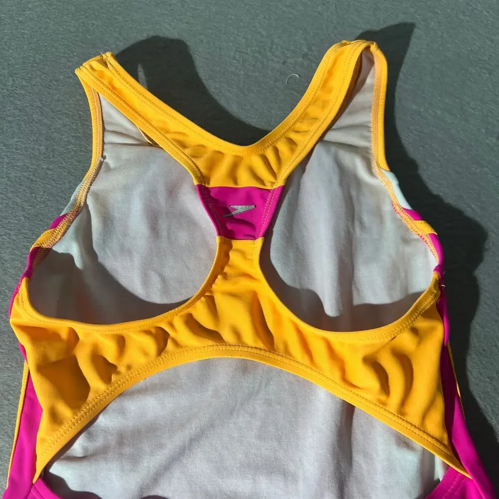 Speedo Girls Size 14 Pink Orange White Colorblock Racerback One Piece Swimsuit